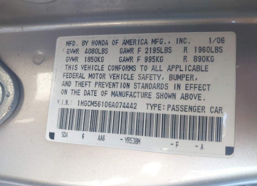 Photo 8 of 2006 Honda Accord 2.4 VP (VIN 1HGCM56106A074442)