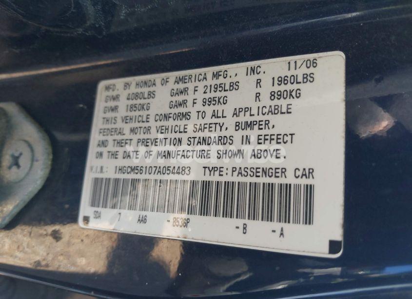 Photo 9 of 2007 Honda Accord 2.4 VP (VIN 1HGCM56107A054483)