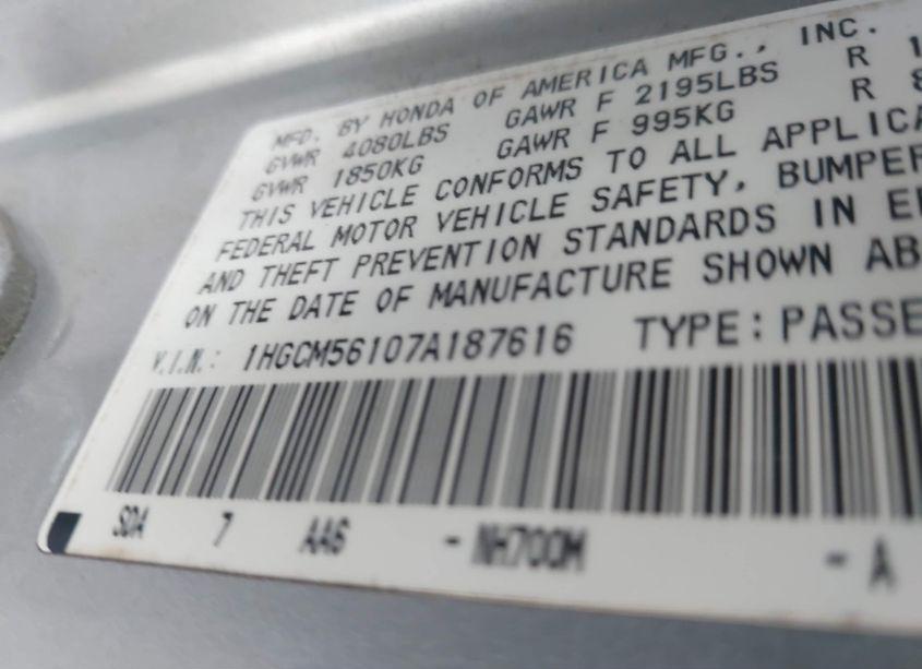 Photo 9 of 2007 Honda Accord 2.4 VP (VIN 1HGCM56107A187616)