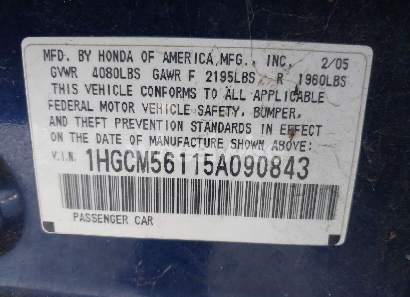 Photo 9 of 2005 Honda Accord 2.4 DX (VIN 1HGCM56115A090843)