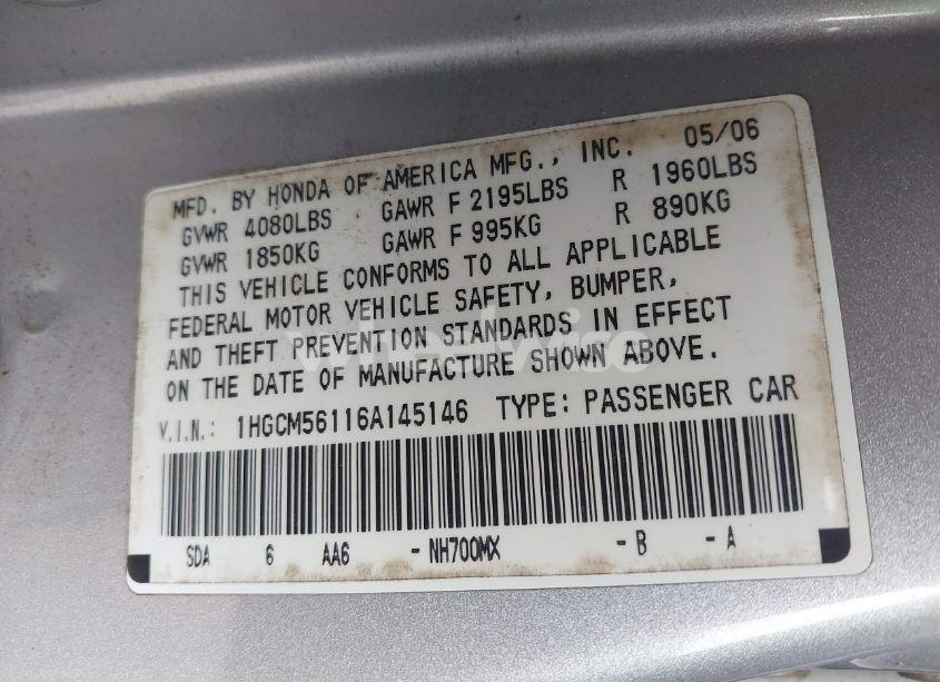Photo 9 of 2006 Honda Accord 2.4 VP (VIN 1HGCM56116A145146)