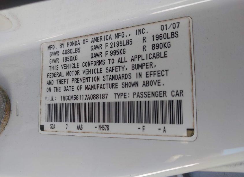 Photo 9 of 2007 Honda Accord 2.4 VP (VIN 1HGCM56117A088187)