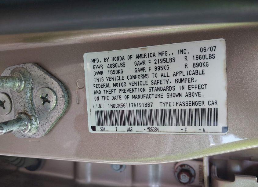 Photo 9 of 2007 Honda Accord 2.4 VP (VIN 1HGCM56117A191867)