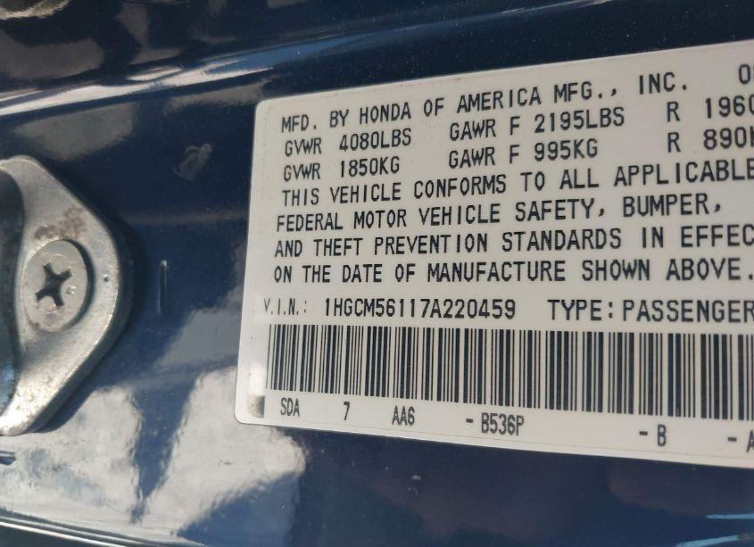 Photo 9 of 2007 Honda Accord 2.4 VP (VIN 1HGCM56117A220459)