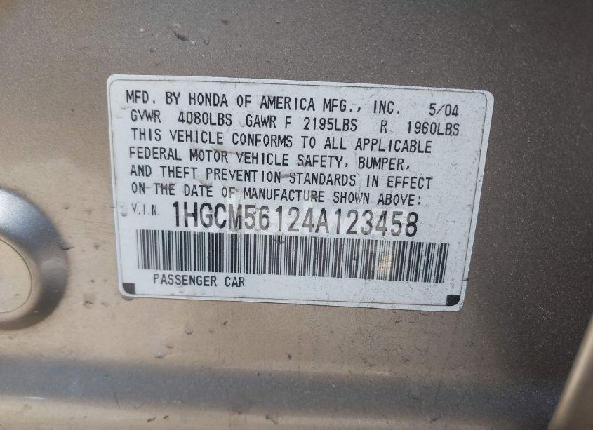 Photo 9 of 2004 Honda Accord 2.4 DX (VIN 1HGCM56124A123458)