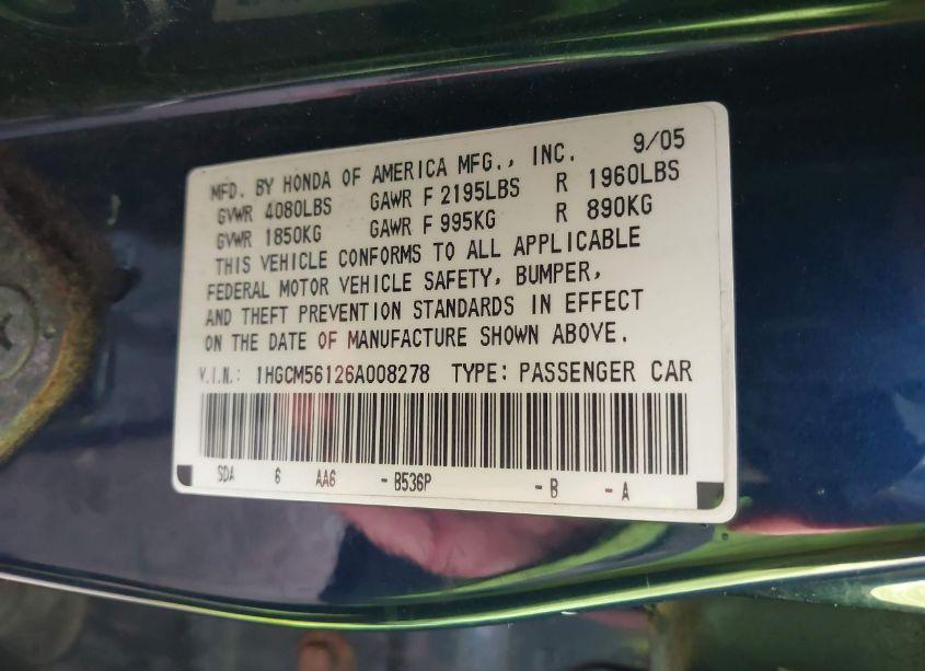 Photo 9 of 2006 Honda Accord 2.4 VP (VIN 1HGCM56126A008278)