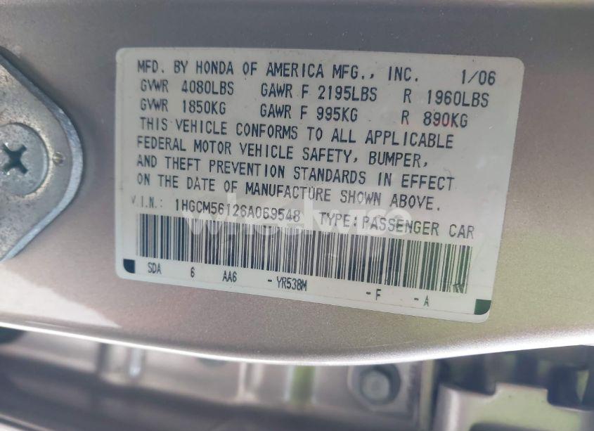 Photo 9 of 2006 Honda Accord 2.4 VP (VIN 1HGCM56126A069548)