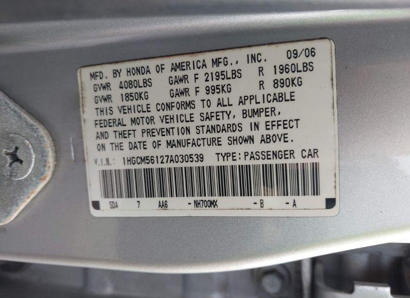 Photo 9 of 2007 Honda Accord 2.4 VP (VIN 1HGCM56127A030539)
