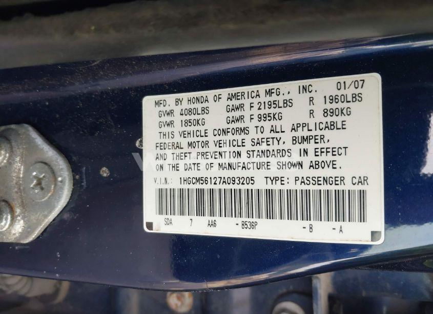 Photo 9 of 2007 Honda Accord 2.4 VP (VIN 1HGCM56127A093205)