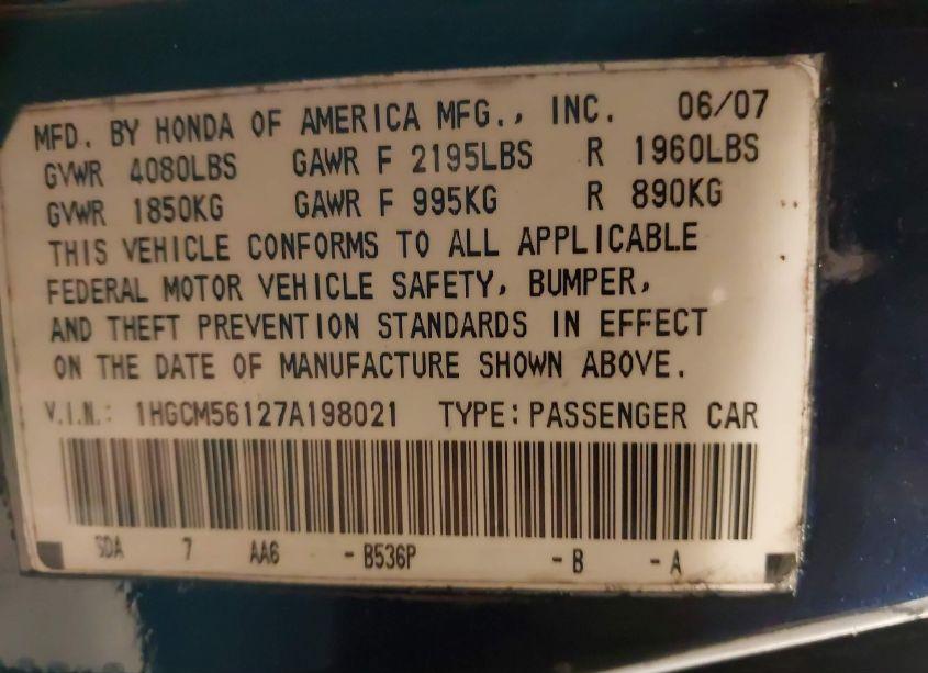 Photo 9 of 2007 Honda Accord 2.4 VP (VIN 1HGCM56127A198021)
