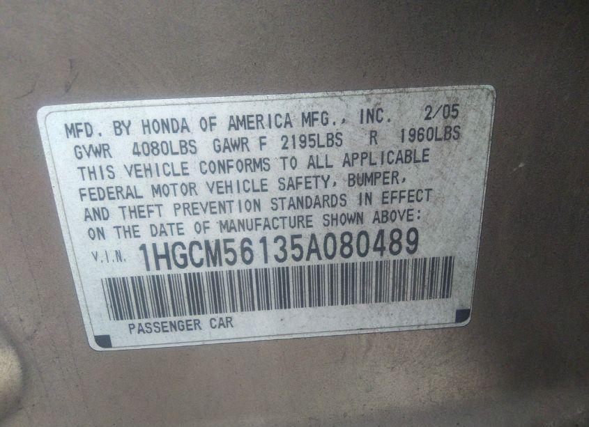 Photo 9 of 2005 Honda Accord 2.4 DX (VIN 1HGCM56135A080489)