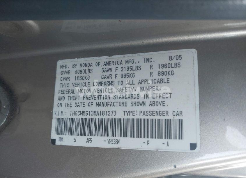 Photo 9 of 2005 Honda Accord 2.4 DX (VIN 1HGCM56135A181273)
