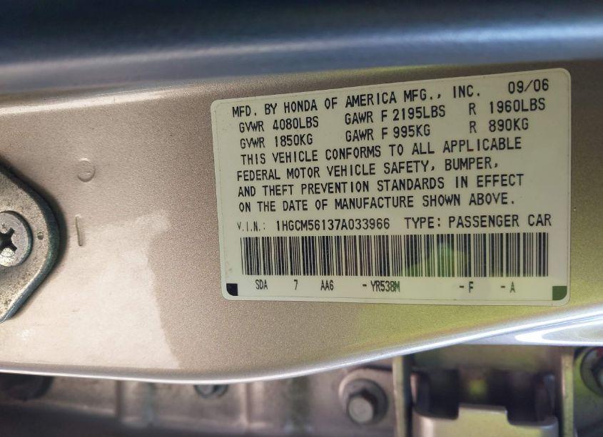 Photo 9 of 2007 Honda Accord 2.4 VP (VIN 1HGCM56137A033966)