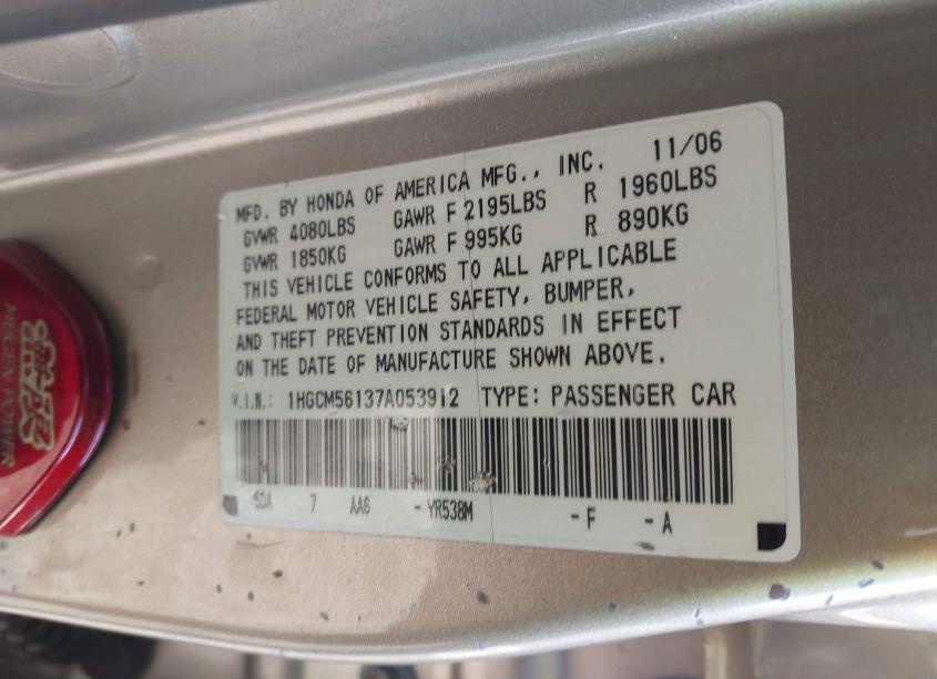 Photo 9 of 2007 Honda Accord 2.4 VP (VIN 1HGCM56137A053912)