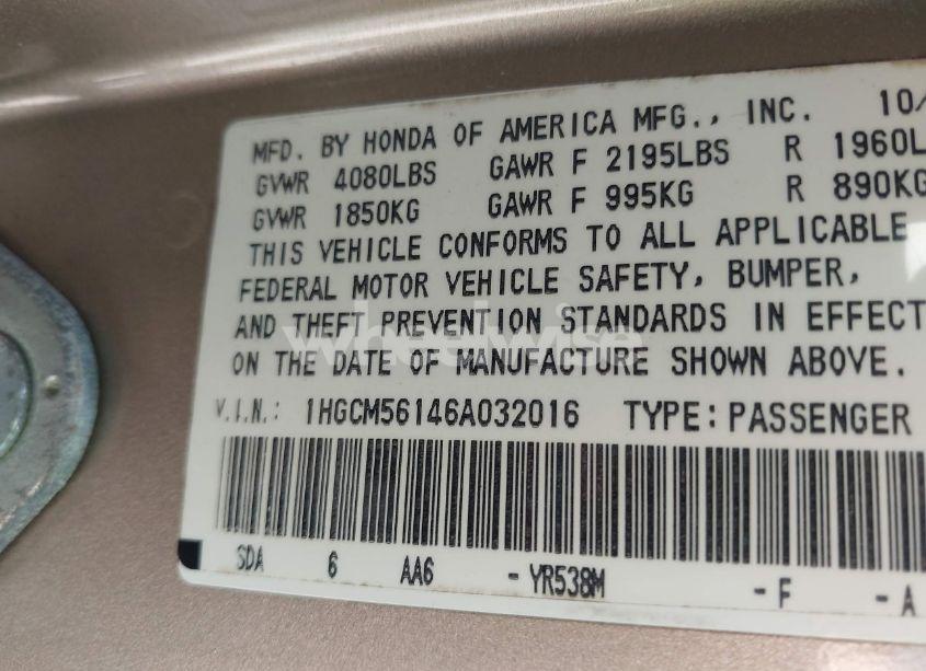 Photo 9 of 2006 Honda Accord 2.4 VP (VIN 1HGCM56146A032016)