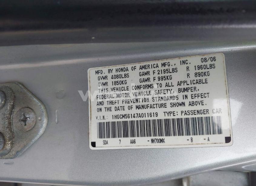 Photo 9 of 2007 Honda Accord 2.4 VP (VIN 1HGCM56147A011619)