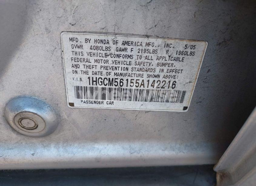 Photo 9 of 2005 Honda Accord 2.4 DX (VIN 1HGCM56155A142216)