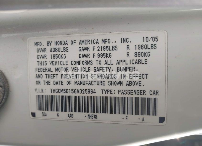 Photo 9 of 2006 Honda Accord 2.4 VP (VIN 1HGCM56156A025964)