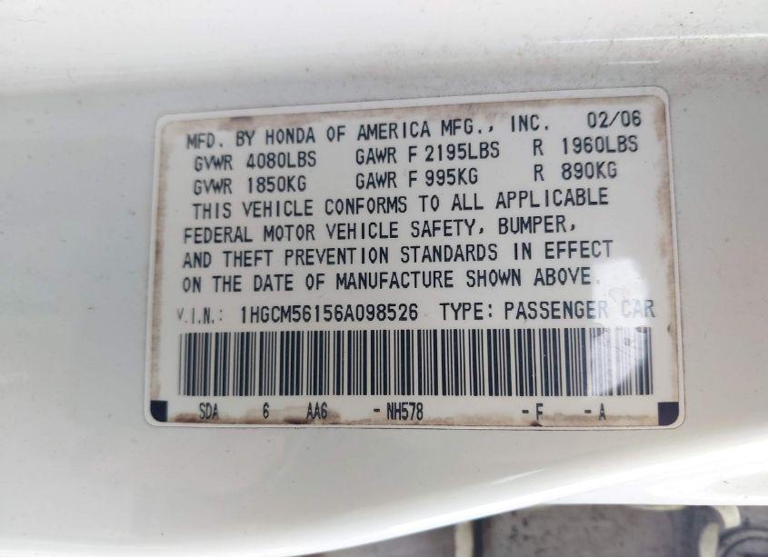 Photo 9 of 2006 Honda Accord 2.4 VP (VIN 1HGCM56156A098526)