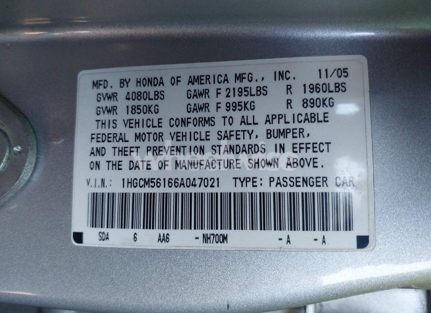 Photo 9 of 2006 Honda Accord 2.4 VP (VIN 1HGCM56166A047021)