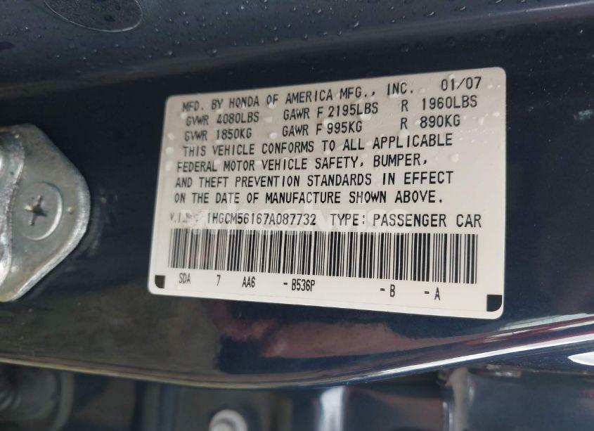 Photo 9 of 2007 Honda Accord 2.4 VP (VIN 1HGCM56167A087732)