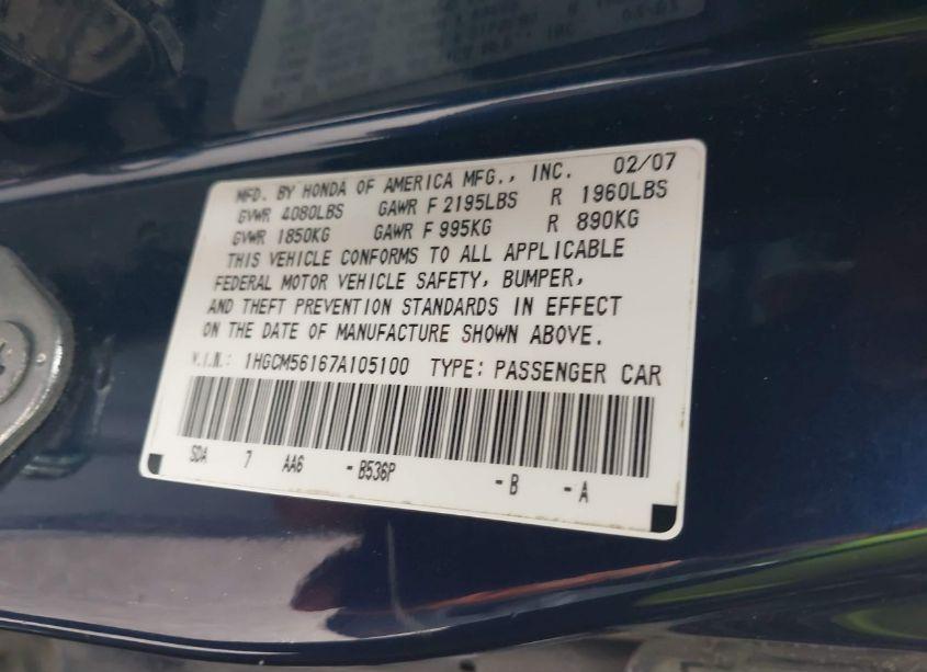 Photo 9 of 2007 Honda Accord 2.4 VP (VIN 1HGCM56167A105100)