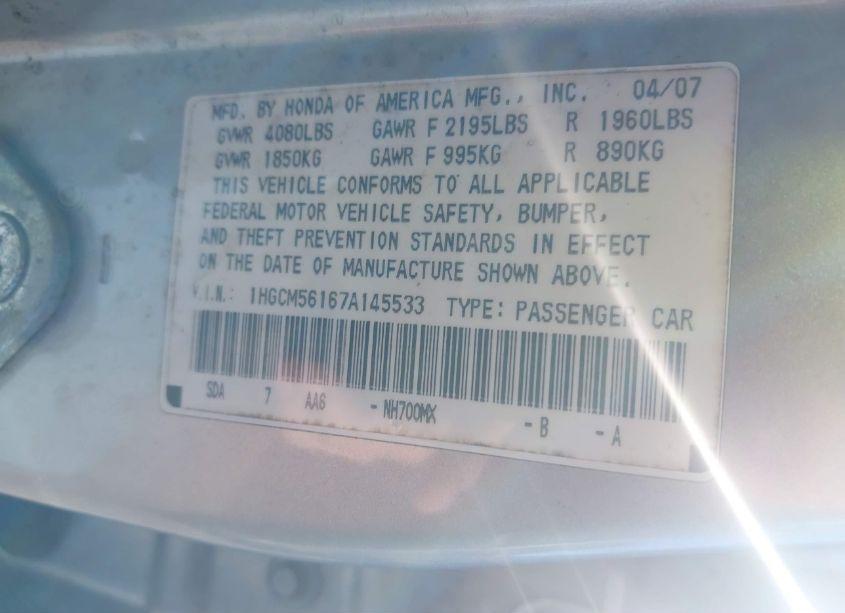 Photo 9 of 2007 Honda Accord 2.4 VP (VIN 1HGCM56167A145533)