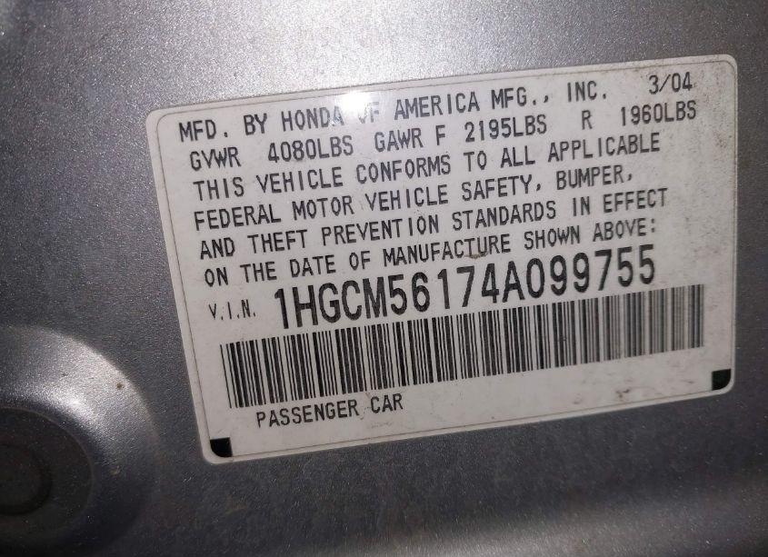 Photo 9 of 2004 Honda Accord 2.4 DX (VIN 1HGCM56174A099755)