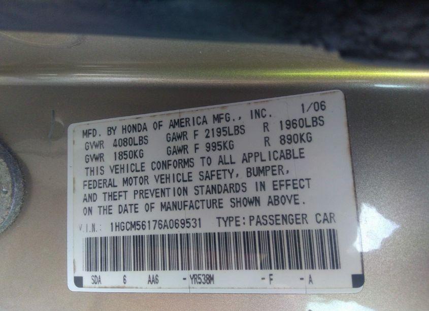 Photo 9 of 2006 Honda Accord 2.4 VP (VIN 1HGCM56176A069531)