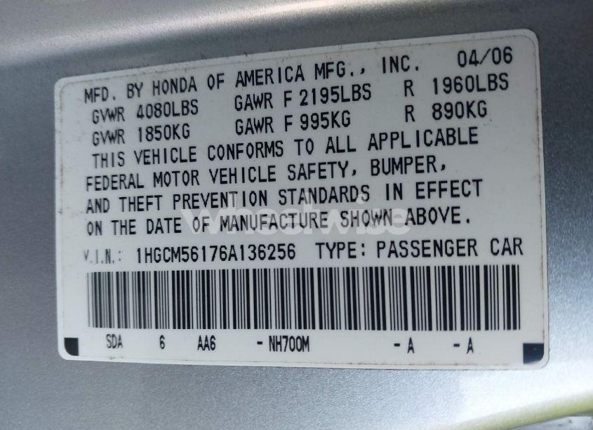 Photo 9 of 2006 Honda Accord 2.4 VP (VIN 1HGCM56176A136256)