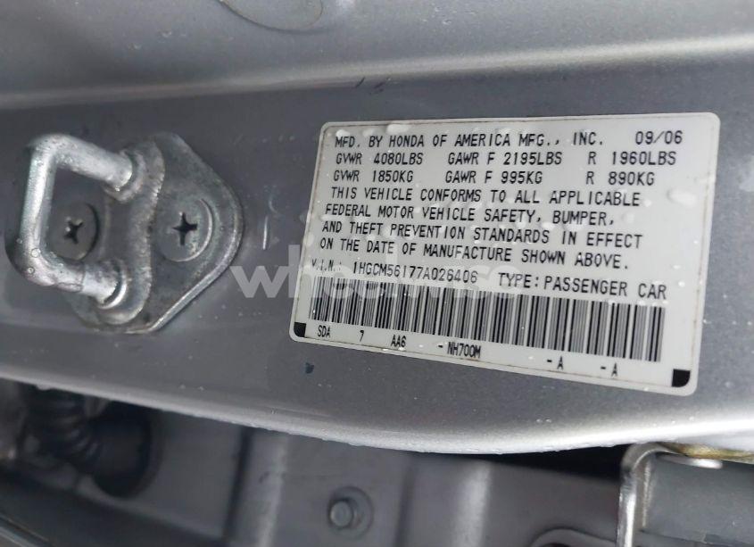 Photo 9 of 2007 Honda Accord 2.4 VP (VIN 1HGCM56177A026406)