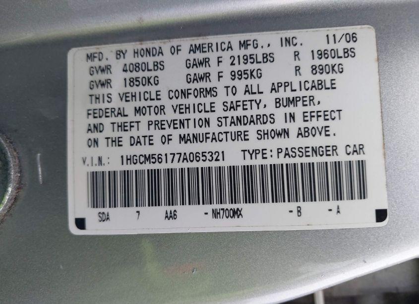 Photo 9 of 2007 Honda Accord 2.4 VP (VIN 1HGCM56177A065321)