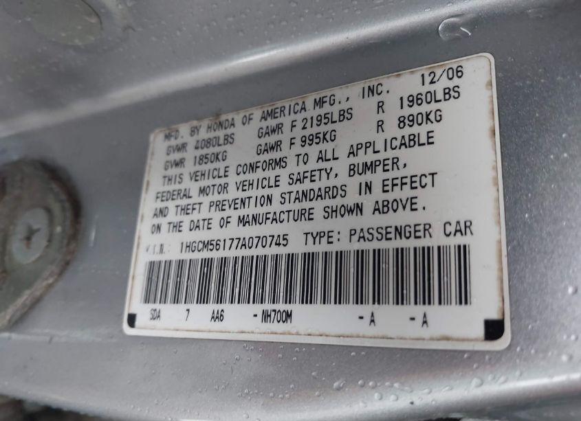 Photo 9 of 2007 Honda Accord 2.4 VP (VIN 1HGCM56177A070745)