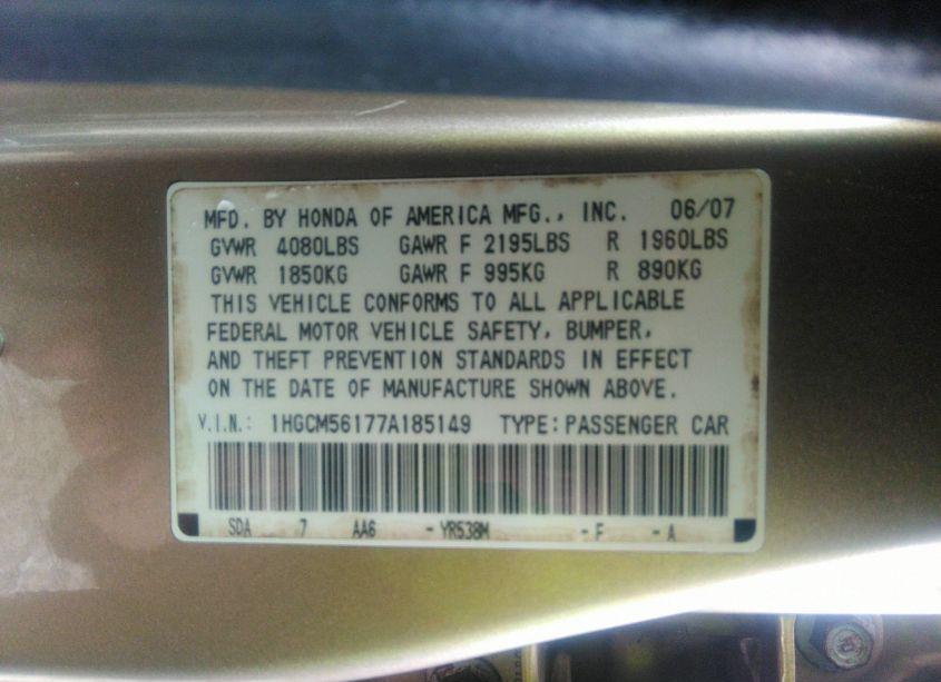 Photo 9 of 2007 Honda Accord 2.4 VP (VIN 1HGCM56177A185149)