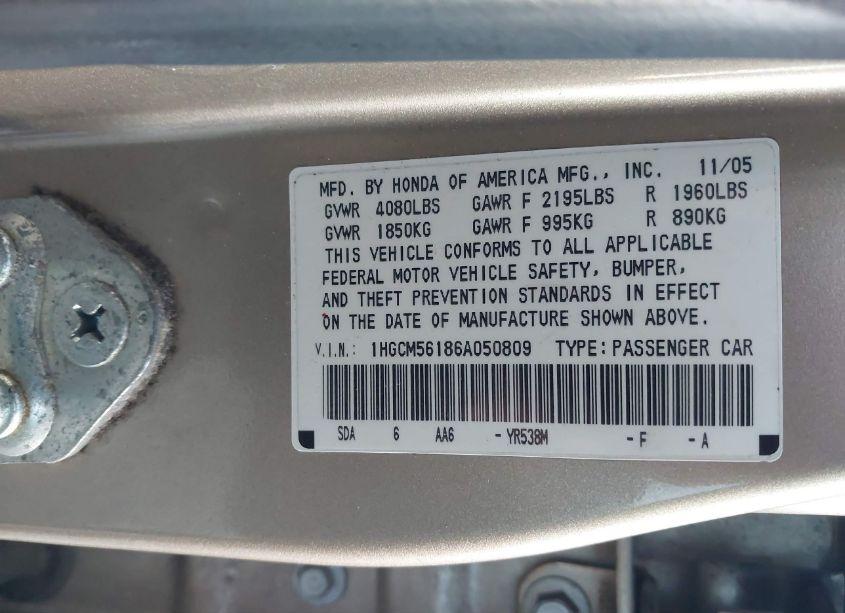 Photo 9 of 2006 Honda Accord 2.4 VP (VIN 1HGCM56186A050809)
