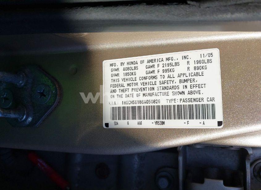 Photo 9 of 2006 Honda Accord 2.4 VP (VIN 1HGCM56186A050826)