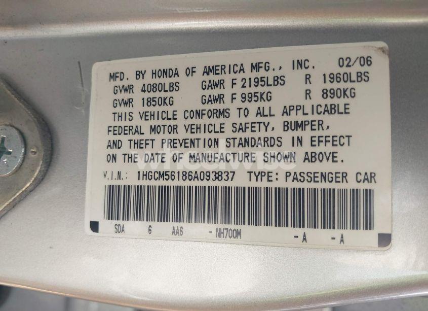 Photo 9 of 2006 Honda Accord 2.4 VP (VIN 1HGCM56186A093837)