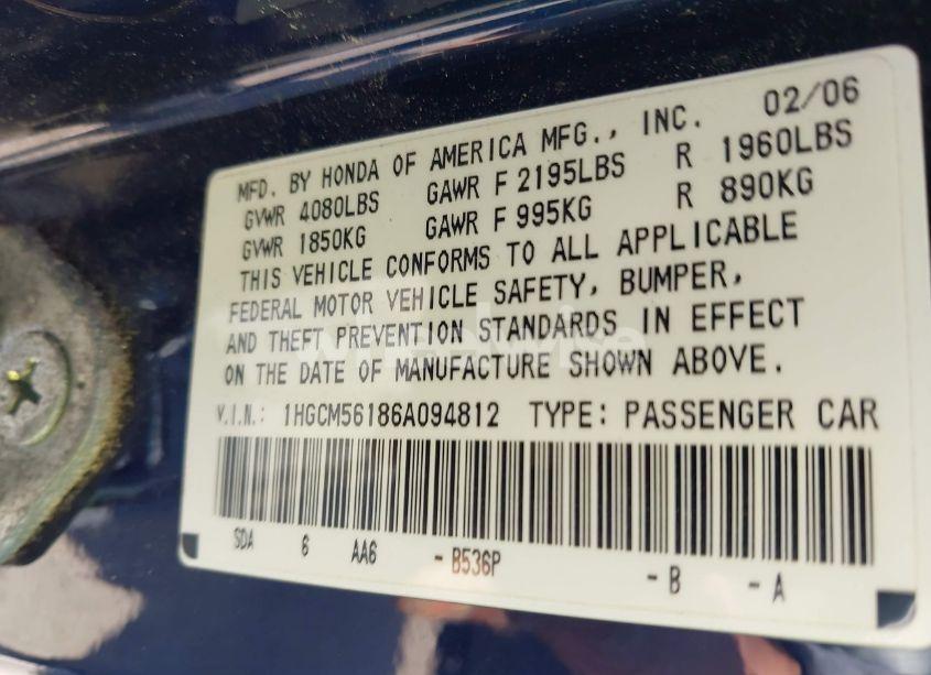 Photo 9 of 2006 Honda Accord 2.4 VP (VIN 1HGCM56186A094812)