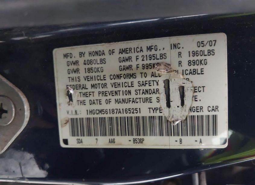 Photo 9 of 2007 Honda Accord 2.4 VP (VIN 1HGCM56187A165251)