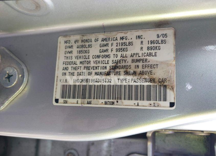 Photo 9 of 2006 Honda Accord 2.4 VP (VIN 1HGCM56196A015132)