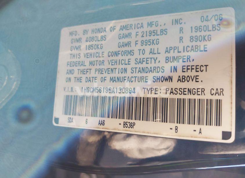 Photo 9 of 2006 Honda Accord 2.4 VP (VIN 1HGCM56196A130894)