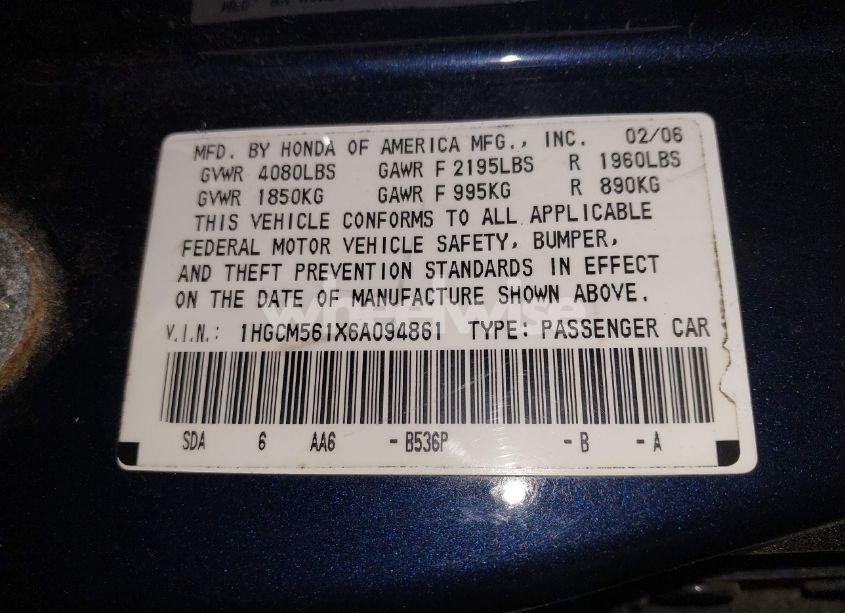Photo 9 of 2006 Honda Accord 2.4 VP (VIN 1HGCM561X6A094861)