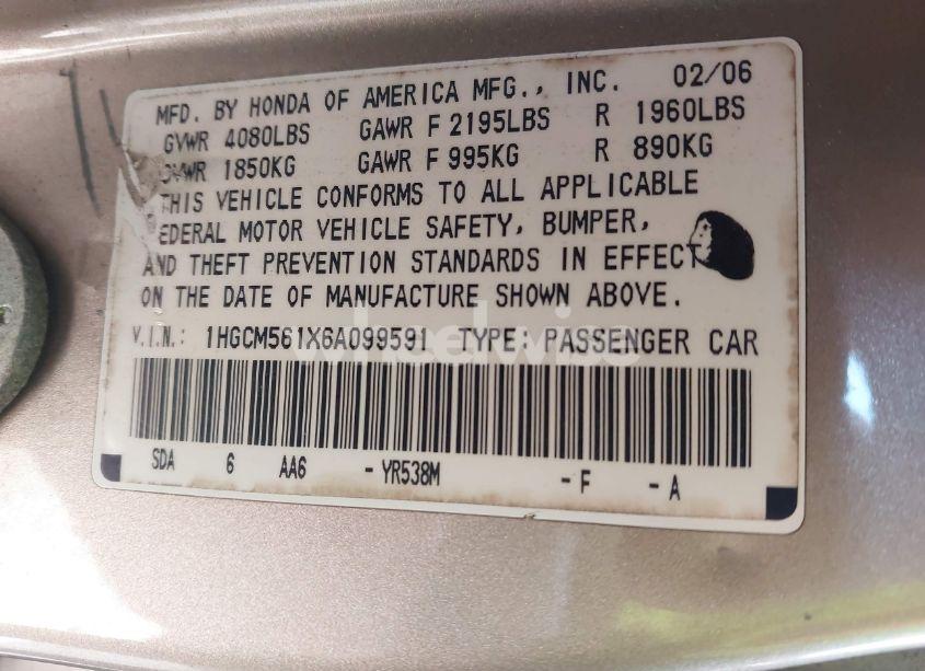 Photo 9 of 2006 Honda Accord 2.4 VP (VIN 1HGCM561X6A099591)