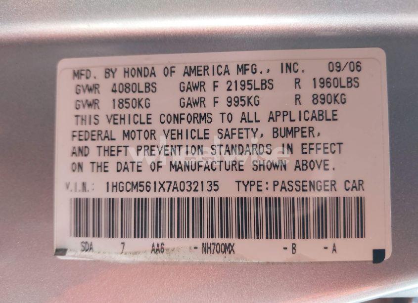 Photo 9 of 2007 Honda Accord 2.4 VP (VIN 1HGCM561X7A032135)