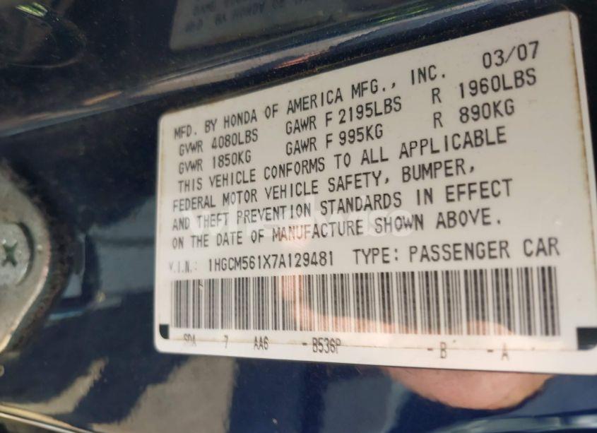Photo 9 of 2007 Honda Accord 2.4 VP (VIN 1HGCM561X7A129481)