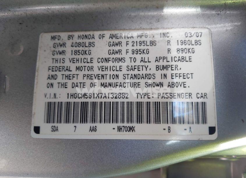 Photo 9 of 2007 Honda Accord 2.4 VP (VIN 1HGCM561X7A132882)
