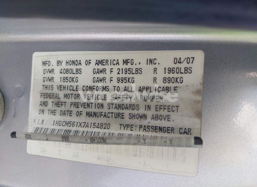 Photo 9 of 2007 Honda Accord 2.4 VP (VIN 1HGCM561X7A154820)