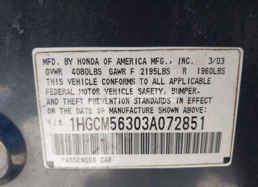 Photo 9 of 2003 Honda Accord 2.4 LX (VIN 1HGCM56303A072851)