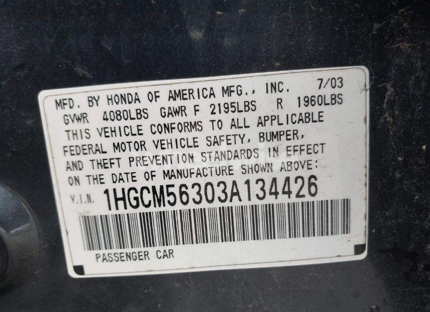 Photo 9 of 2003 Honda Accord 2.4 LX (VIN 1HGCM56303A134426)