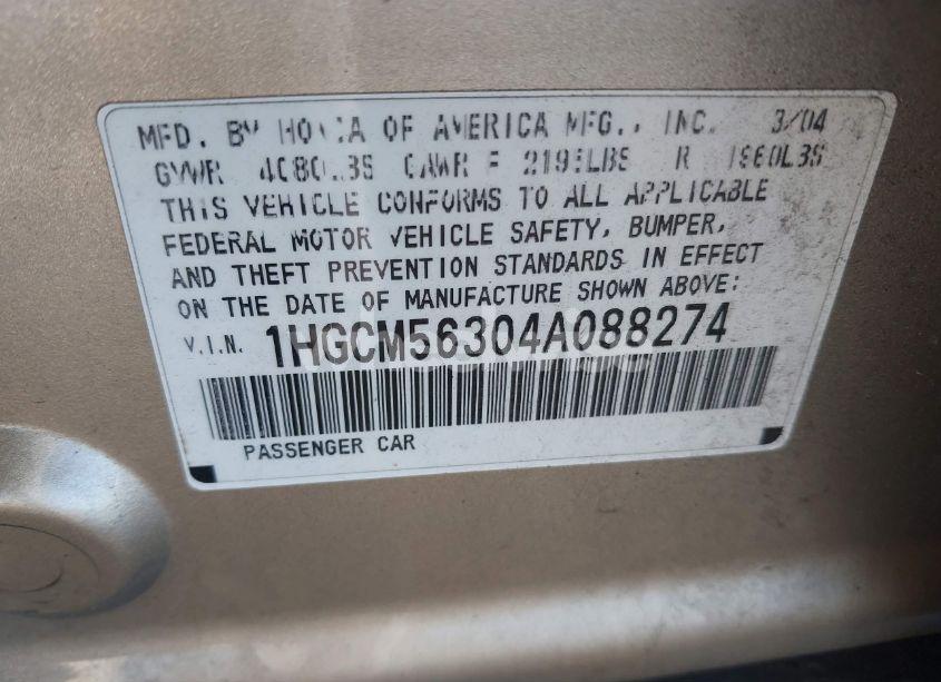 Photo 9 of 2004 Honda Accord 2.4 LX (VIN 1HGCM56304A088274)